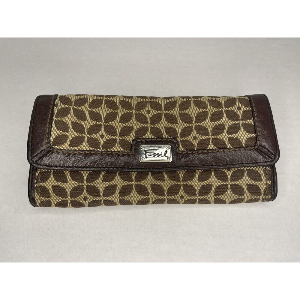FOSSIL Signature Logo Monogram Canvas Leather Trim Organizer Wallet Tan Brown